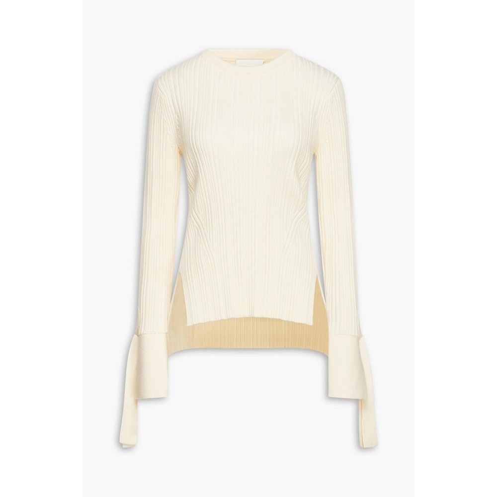 3.1 Phillip Lim Sweater Cream Ribbed Wool Blend Tie Cuff Side Slit Pullover